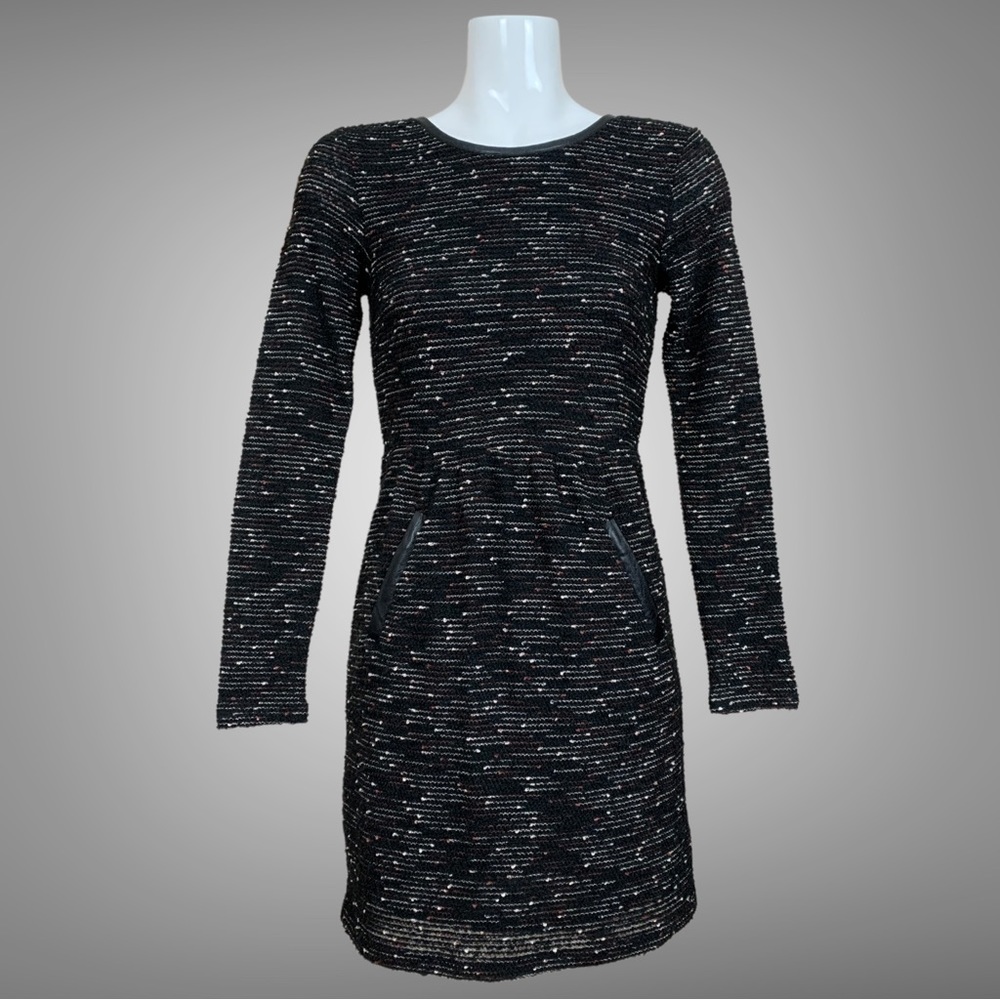 Anthropologie Maeve Boucle Knit Long Sleeve Dress with Faux Leather Trim Small